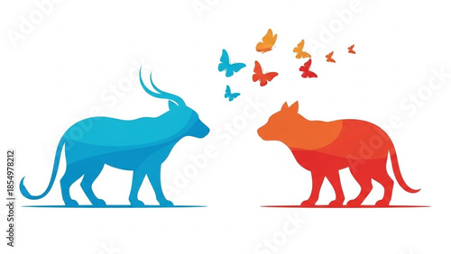 A stylized illustration of a blue antelope facing an orange fox with vibrant butterflies symbolizing nature's harmony
