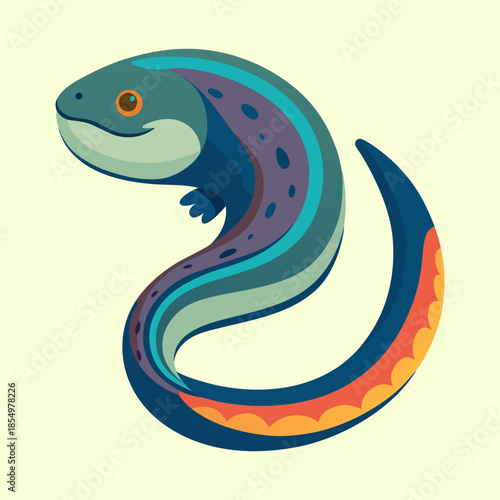 Stylized illustration of a newt with flowing lines and vibrant colors