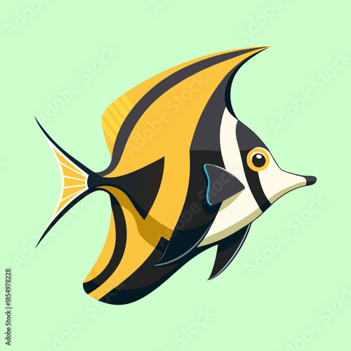 Cartoon illustration of a Moorish Idol fish with yellow and black stripes