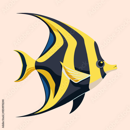Striking Moorish Idol Illustration with Vibrant Yellow and Navy Blue Stripes