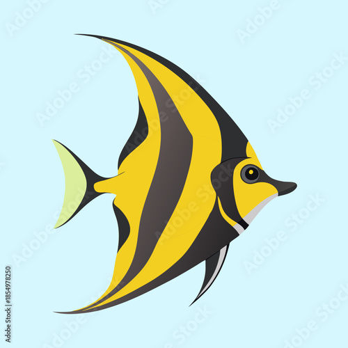 Cartoon illustration of a colorful Moorish Idol fish with blue background