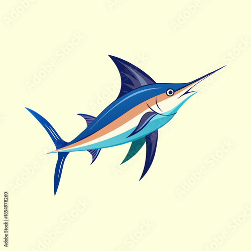 Cartoon illustration of a Swordfish with a blue color scheme and details