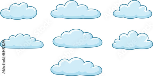 Cute little fluffy, cumulus clouds collection, isolated on transparent background. Hand drawn flat vector illustration. Celestial design element, clip art line art and illustration vector set line art