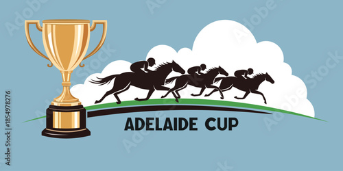 Adelaide Cup Horse Racing Trophy and Jockey Silhouette Illustration