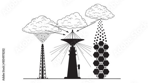 Communication towers and rainfall depicted in a simple black and white illustration