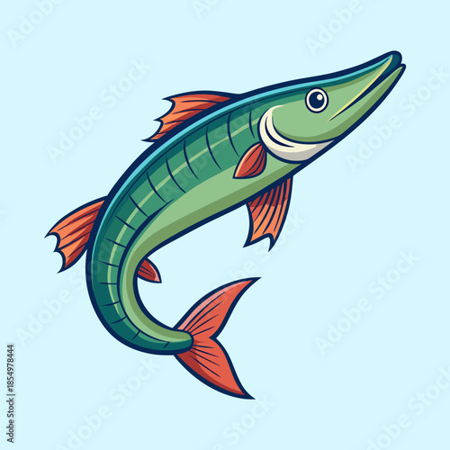 Cartoon illustration of a barracuda fish swimming upwards in blue water