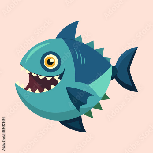 Cartoon Piranha with Sharp Teeth and a Shark Fin on Pale Background