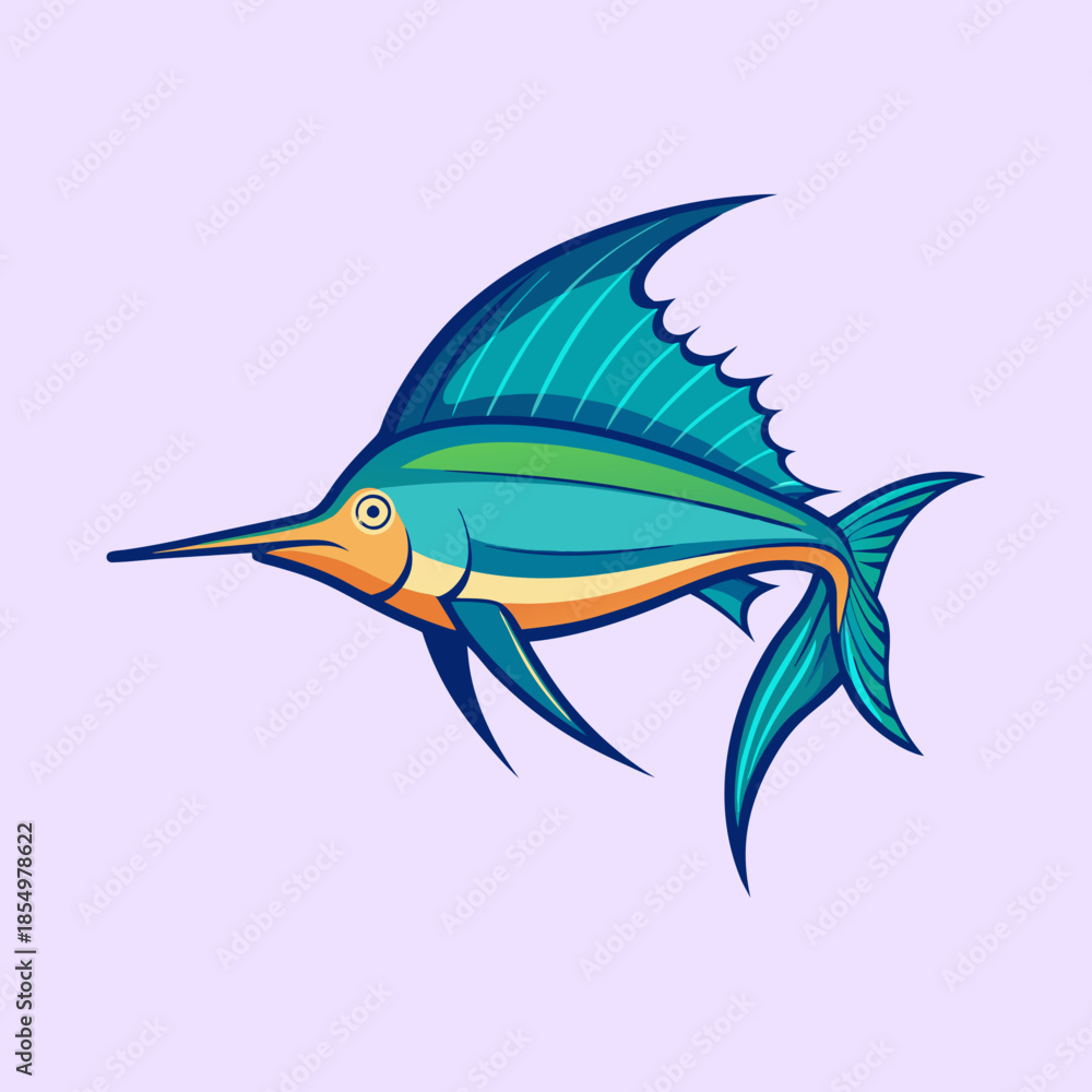 Fototapeta premium Striking stylized marlin fish illustration with bold colors and clean lines on lavender