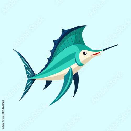 Stylized Illustration of a Teal Marlin Fish with Light Blue Background