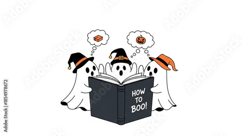 Three adorable ghosts in witch hats studying 'how to boo!' for their spooky halloween plans
