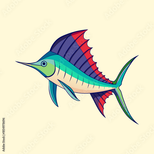 Colorful and detailed cartoon illustration of a marlin fish swimming in the ocean
