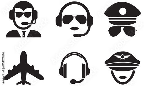 Pilot Icon Vector – Aviation Symbol, Airplane Captain, Headset and Flight Crew Design .