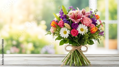 A1 and Beautiful bouquet of colorful flowers on wooden table