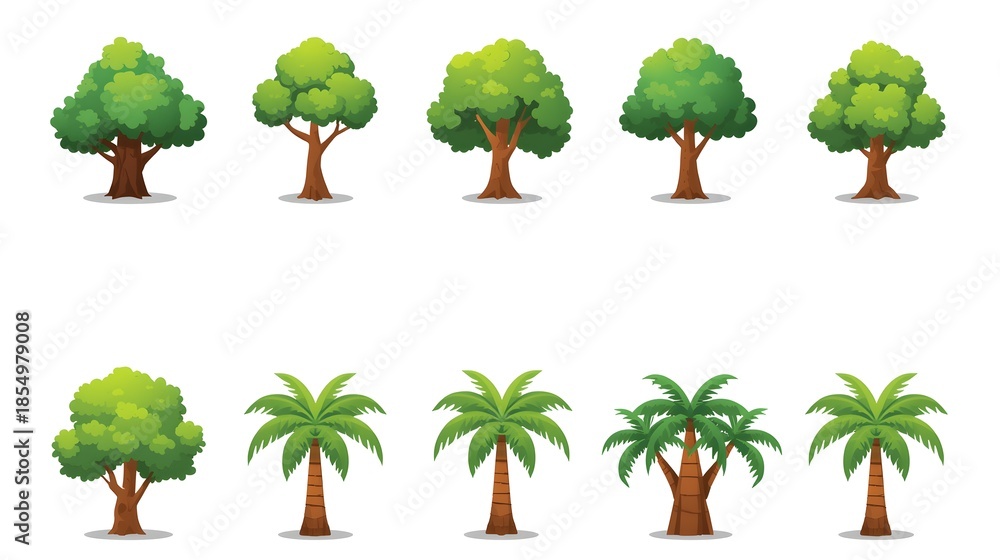 Fototapeta premium Vector illustration set of tropical palm trees and forest plants for summer beach nature landscape design