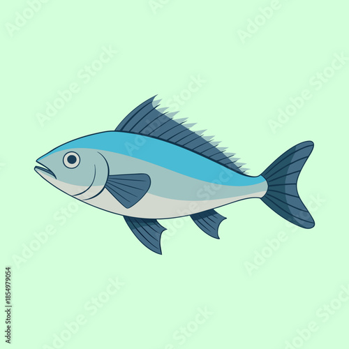 Illustration of a blue and grey fish with spiky dorsal fin on light green background