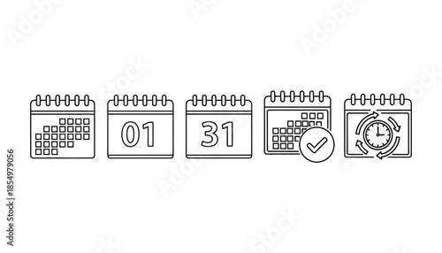 Vintage calendar pages and ornate clock illustration in a hand drawn sketch style on a white background