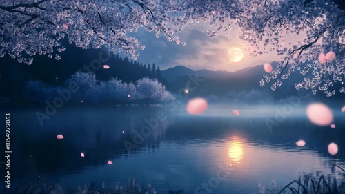 Sunset casting its glow over a tranquil lake, with cherry blossoms swaying in the evening breeze, framed by misty mountains, creating a picturesque scene of natures exquisite beauty and calmness