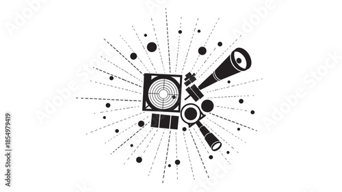 A black and white illustration of a telescope and geometric shapes with radiating lines