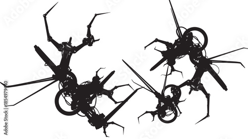 Silhouette illustration of multiple insects with intricate leg details and wheels