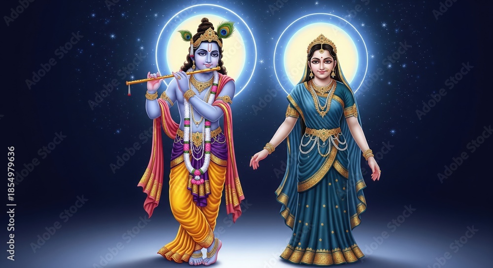 Fototapeta premium Radha Krishna Under Moonlight with Serene Blue White Devotional Aura
