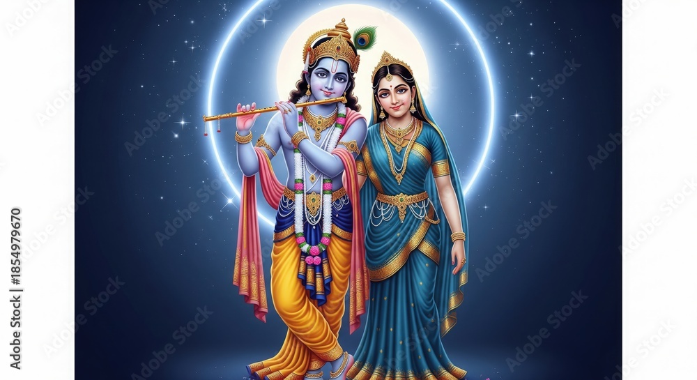 Fototapeta premium Radha Krishna Under Moonlight with Serene Blue White Devotional Aura