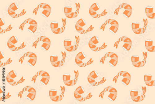 Shrimp Seamless Pattern, Hand-drawn Cute Seafood Background for Fabric