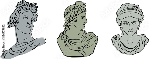 Greek illustration of plaster statues. Hand-drawn vector drawing on a white background