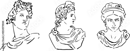 Greek illustration of plaster statues. Hand-drawn vector drawing on a white background
