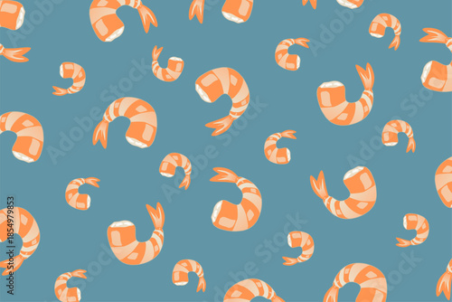 Shrimp Seamless Pattern, Hand-drawn Cute Seafood Background for Fabric