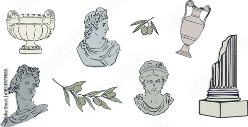 A set of Greek illustrations. Olive branches, plaster statues, and vases in linear drawing