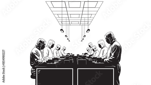 A group of figures seated around a dark table under a grid like ceiling
