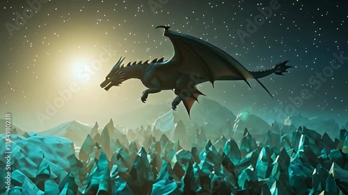 Otherworldly Nighttime Crystal Mountains Under a Crescent Moonlit Sky with Stars