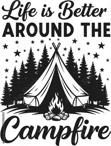 Black and white of tent campfire and trees with text stars camping