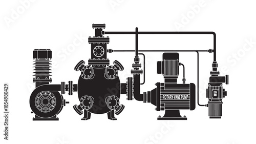 Detailed blueprint of industrial pump system with connected machinery and pipelines