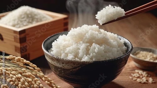 稲穂とご飯茶碗に盛られた湯気の立ち上る白米を箸で持ち上げるシーン。日本の和食イメージ