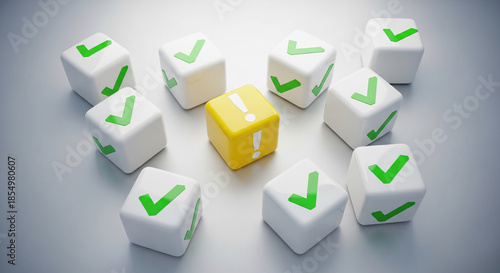 Many white cubes with green check mark, and one yellow cube with a white exclamation mark, representing differentness, choice, or attention