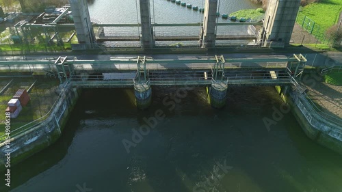 Aerial drone view of Denver sluice in Eastern England. River system water management and flood alleviation protection barrier. Sunny winter Day,
