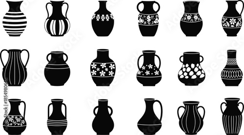 Black and white silhouettes of various ancient style vases and jugs