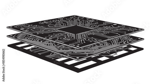 Detailed illustration of layered circuit boards with complex electronic pathways