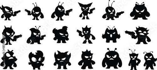 Black cartoon characters with guns and angry expressions silhouette
