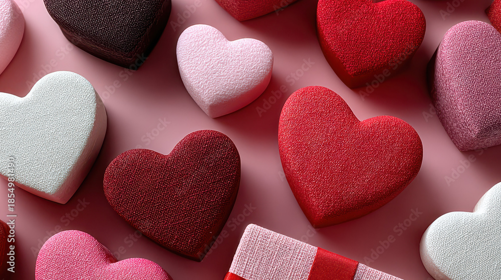 Obraz premium colorful heart shaped confections in pastel pinks reds and whites artfully scattered on soft rosy backdrop evoking romantic valentines vibe perfect for festive wallpaper sweet themed banner copy space