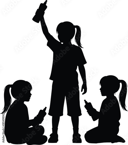 Black silhouette vector illustration of three little girls holding bottles, one standing and two sitting together on isolated white background