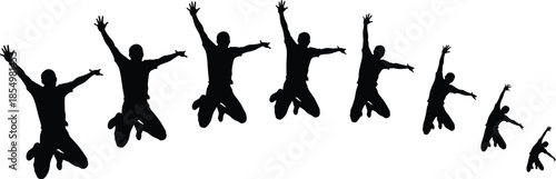Black vector silhouette sequence of a happy young man jumping high with arms raised isolated on white background