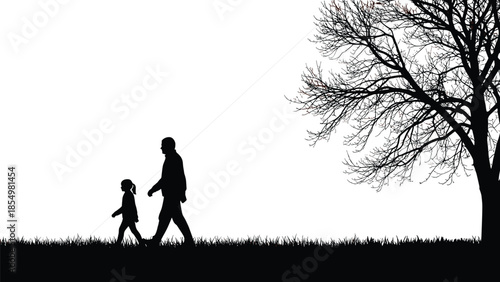 Black vector silhouette of a father walking with his little daughter holding a kite string near a large bare tree outdoors