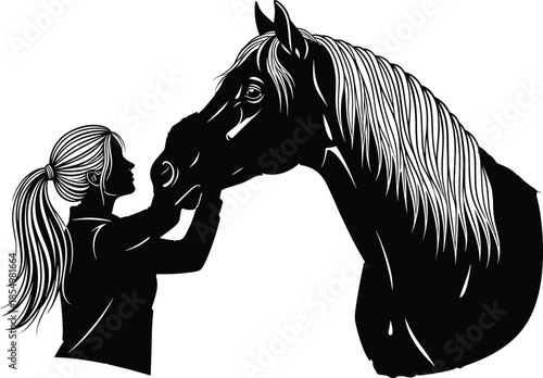 Vector silhouette illustration of a young woman gently touching horse head isolated on white background for friendship and equestrian concept