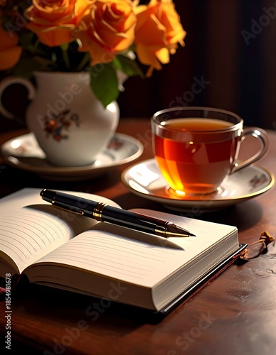 Open book with pen beside tea cup and roses on a polished wooden table in a warm, inviting setting