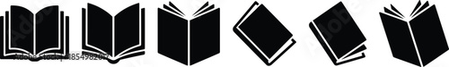 Book icon illustration set, open and closed positions, black outline, educational concept, isolated, vector graphic