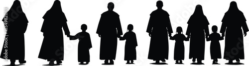 Black silhouettes of people in robes holding hands white background