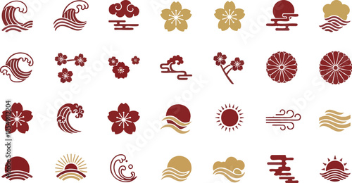 Traditional Japanese Motifs Set with Seigaiha Waves, Sakura Flowers, and Rising Sun.