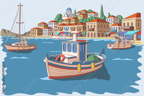 Vector illustration of the harbor of Symi island, Greece